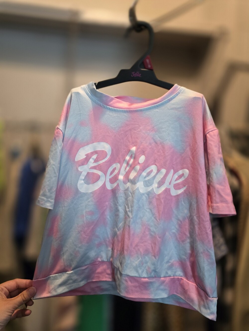 Shein Girls Pink and Blue Tie-Dye Believe Crop Top